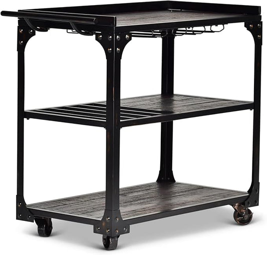 Steve Silver Furniture Sherlock Bar Cart Server, 3-Tier, Industrial Accent Design, Distressed Dark Charcoal Finish, Rustic Styling, Bottle Rack, for Kitchen, Dining Room, 20" D x 40" W x 36" H, Black