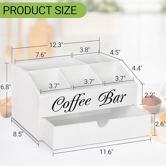 Coffee Bar Organizer Countertop, Wooden Bar Accessories With Drawer, Coffee Station Organizer Pods Holder Storage Basket, Farmhouse Tea Condiment Station