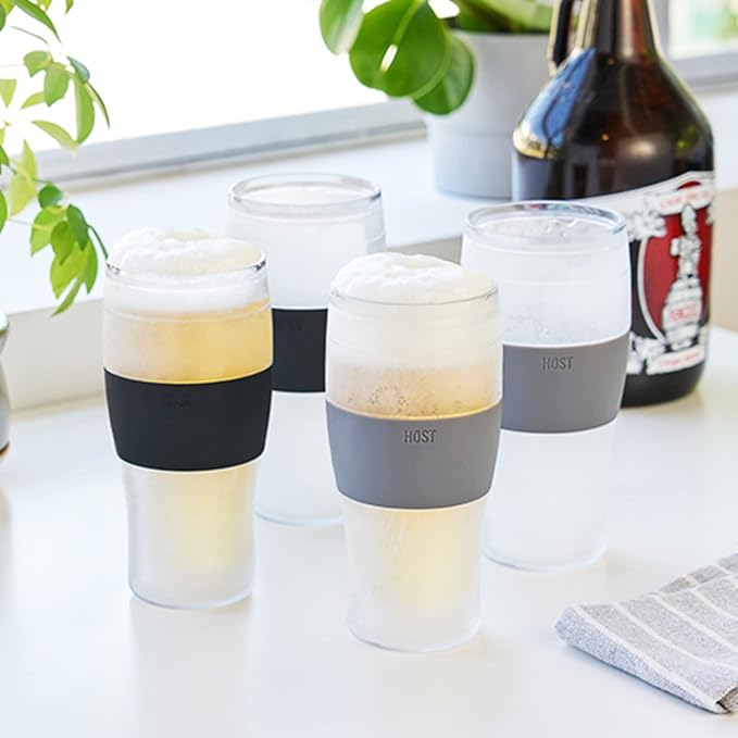 HOST Freeze Beer Glasses, 16 ounce Freezer Gel Chiller Double Wall Plastic Frozen Pint Glass, Set of 4, Black and Grey
