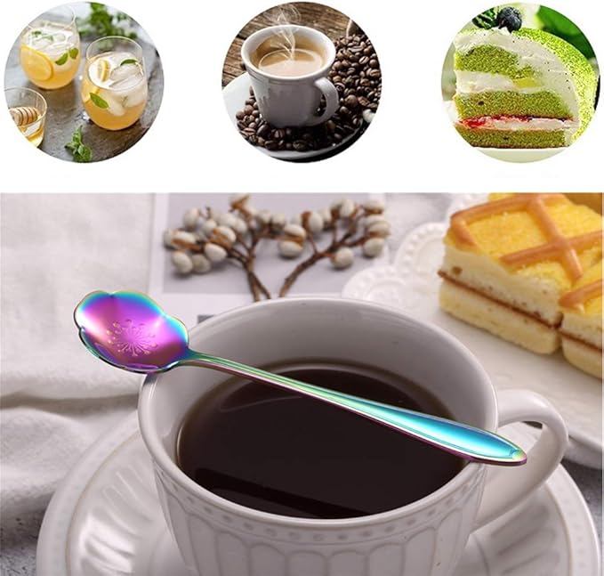 Stainless Steel Tableware Creative Flower Coffee, Sugar, Stir, Mix, Stir Bar, Tea, Cake, Sugar, Dessert Ice Cream Spoon Set of 8, Rainbow