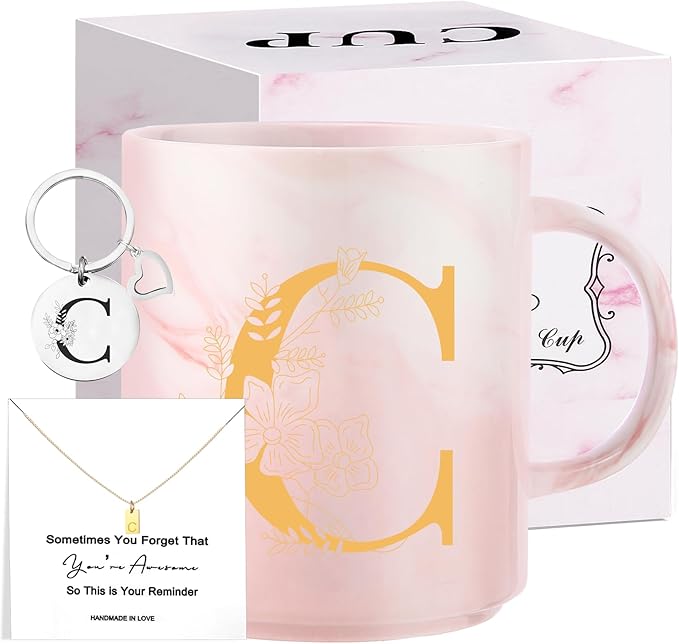Monogrammed Christmas Gifts for Women, 11 oz Initial Ceramic Coffee Tea Mug with Necklace, Unique Birthday Gift for Her Wife Teacher Friend Mom, C