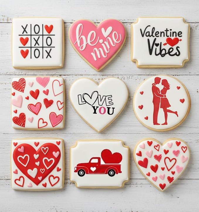 Happy Valentine's Day Cookie Stencils Decorations Set, 12-Pack Reusable Valentine's Day Heart Love Designs for Baking Decoration Tools for Cookies, Royal Icing, Cakes, Coffee & Crafts