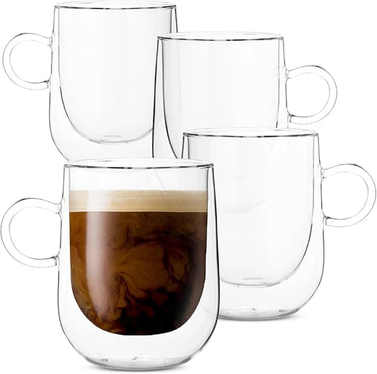 BTaT- Double Walled Glass Coffee Mugs, 12 oz, Set of 4, Glass Coffee Cups with Handle, Insulated Clear Coffee Mug for Hot and Cold Beverages, Cappuccino, Latte, Tea, Americano, Microwave Safe