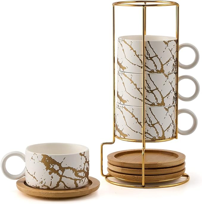 LUKA Porcelain Espresso Cup with Metal Stand, 6 Ounce Stackable Ceramic Demitasse Espresso Mugs Cappuccino Cups Set for Latte,Coffee,Cafe Mocha,Tea(Set of 4,White)