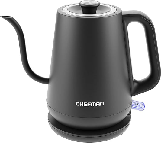 Chefman Gooseneck Electric Kettle, 0.8L Pour Over Tea Kettle for Coffee and Tea, One-Touch Operation, Boil-Dry Protection, Auto Shut-Off, Ultra-Fast Hot Water Boiler – Black (Renewed)