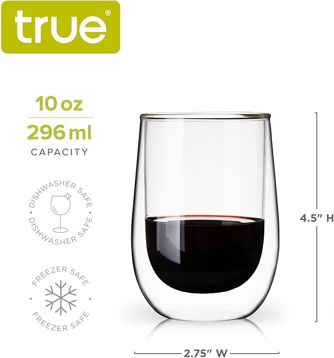 True Double Walled Stemless Wine Glasses, 10 oz Borosilicate Glass Cups for Red and White Wines, Insulated Cocktail Glasses, Clear Iced Coffee Cups, Home Bar Glassware, Wine Lovers Gifts, Set of 2
