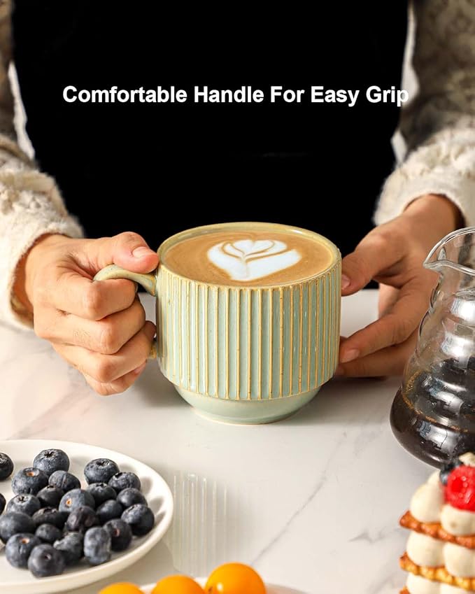 HASENSE Ceramic Coffee Mugs Set of 4 with Rack - 15 oz Stackable Large Porcelain Ribbed Latte Cup Set for Cappuccino, Tea, Hot Cocoa, Drinks - Dishwasher & Microwave Safe, Green Earth