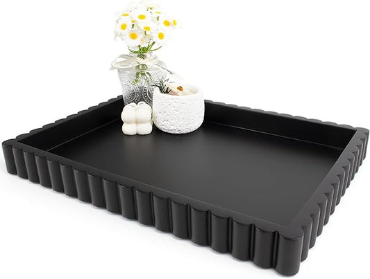 YMXYJM-Scalloped Coffee Table Tray，Ottoman Tray for Modern Home Decor. 14" Decorative Tray for Entryway Table Decor, Living Room Table Decor, Coffee Table Centerpiece - Black Resin
