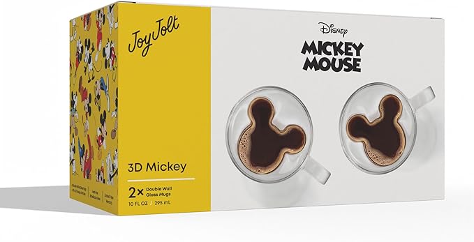 JoyJolt Disney Mickey Mouse 3D Glass Cups Set of 2, 10oz Insulated Double Wall Glass Coffee Cups with 3D Design, Insulated Disney Coffee Cup Set, Unique Mugs also for Espresso