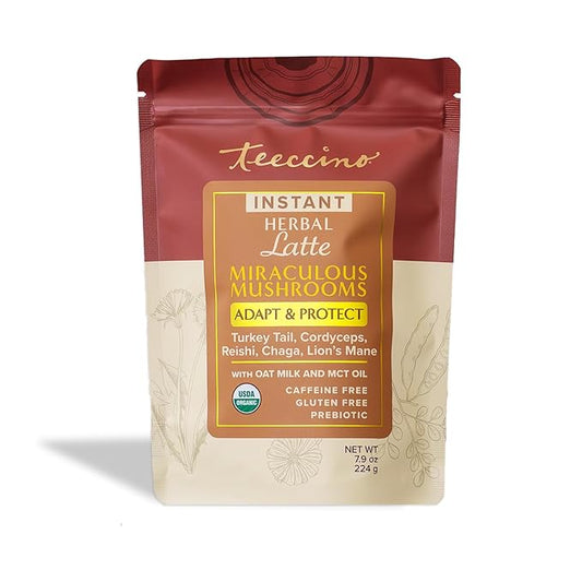 Miraculous Mushrooms Instant Adapt & Protect Herbal Latte By Teeccino – 16 servings -  Creamy Oat & Coconut Latte with Microground Herbs plus Reishi, Lion’s Mane, Chaga, Turkey Tail, Cordyceps - Caffeine Free, Prebiotic – 7.9 ounces