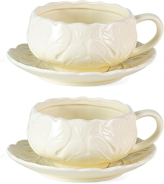 KAMMAK Tea Cups and Saucers Set of 2, Porcelain Coffee Cups, 10-Ounce Stackable Espresso Mugs, Ceramic Demitasse for Coffee, Latte, Americano, Tea, Lucky Cream