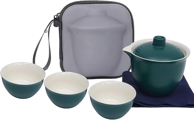 Porcelain Chinese Gongfu Tea Sets for Adults Portable Kungfu Teapot and Cup Set Small Ceramic Tea Party Set Travel Teaset with Lid for Home Gifting Outdoor and Office (Green)