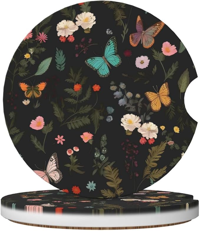Car Cup Holder Coasters, 2 Pcs Ceramic Coasters with Finger Slot and Cork Back, Anti-Slip Shock Absorbing Women and Men Universal Car Accessories - Flower Butterfly