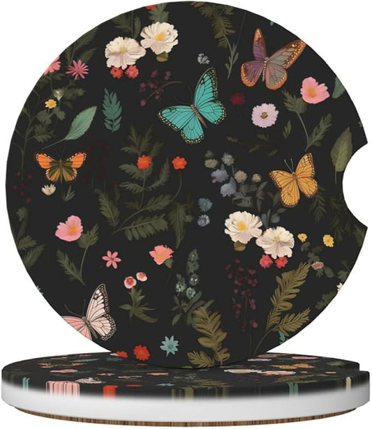 Car Cup Holder Coasters, 2 Pcs Ceramic Coasters with Finger Slot and Cork Back, Anti-Slip Shock Absorbing Women and Men Universal Car Accessories - Flower Butterfly