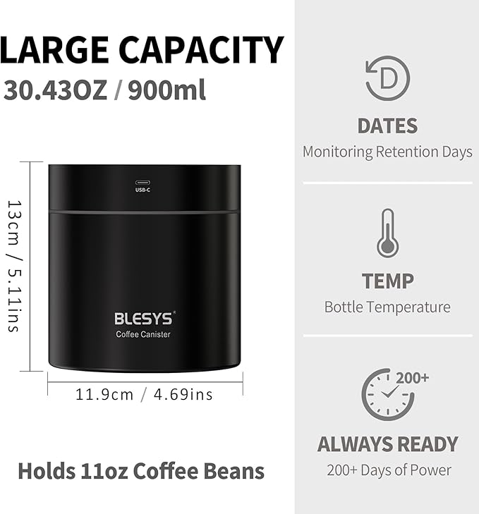 Smart Vacuum Coffee Canister, Automatic Stainless Steel Food Storage Container, LCD Monitoring, One-touch Freshness, Date Tracker, Extra-long Standby Time, holds 11oz Coffee Beans (Black, 0.9L)