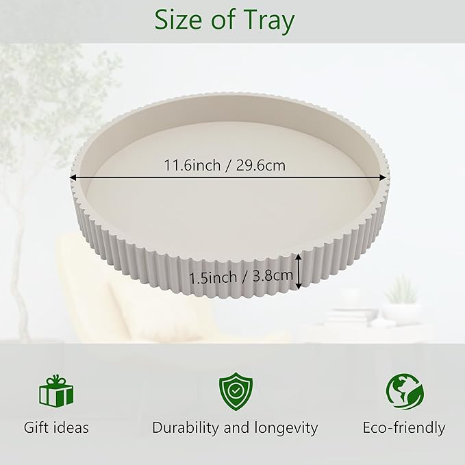 Round Decorative Tray for Coffee Table Decor, 11.8in Cream White Decorative Serving Tray for Kitchen Counter,bandejas decorativas, Wooden Serving Tray for Party