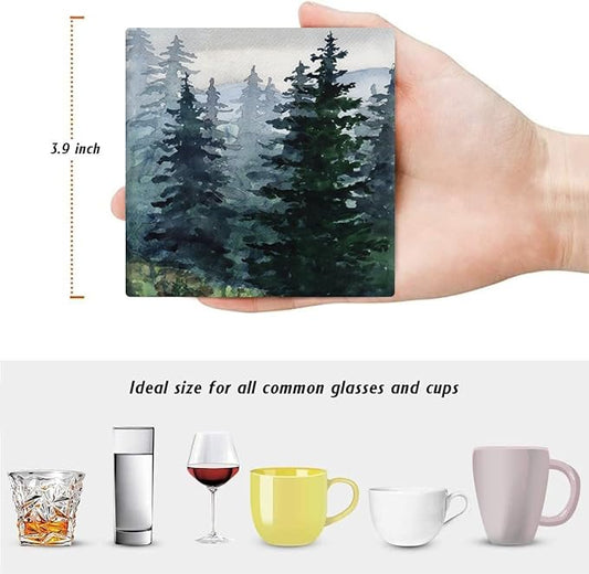 Drink Coasters for Drinks Set of 6, Watercolor Landscape Pine Forest Absorbent Square Ceramic Stone Mat Coaster, with Cork Base and Metal Holder, Home Bar Decor House Warming Gift