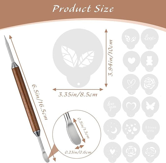 2PCS Latte Art Pen Set Coffee Drawing Tool with Wood Handle Latte Art Pen with Coffee ArtStencils Double-Ended Barista Accessories for CoffeeBar Creating Professional Espresso Tools Home Cafe