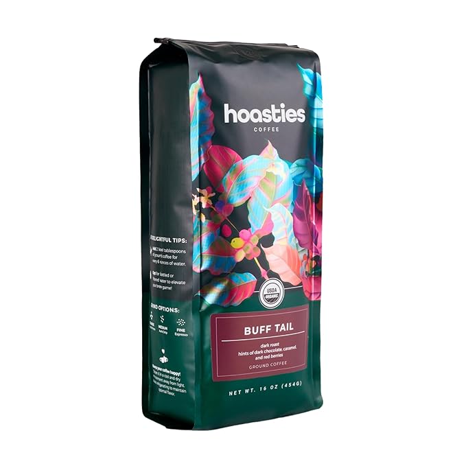 Hoasties Coffee Buff Tail - Dark Roast Ground Organic Coffee, Made with 100% Colombian Arabica Coffee Beans, 16 ounces