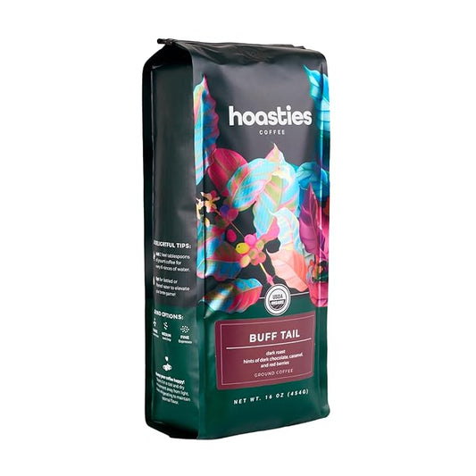 Hoasties Coffee Buff Tail - Dark Roast Ground Organic Coffee, Made with 100% Colombian Arabica Coffee Beans, 16 ounces
