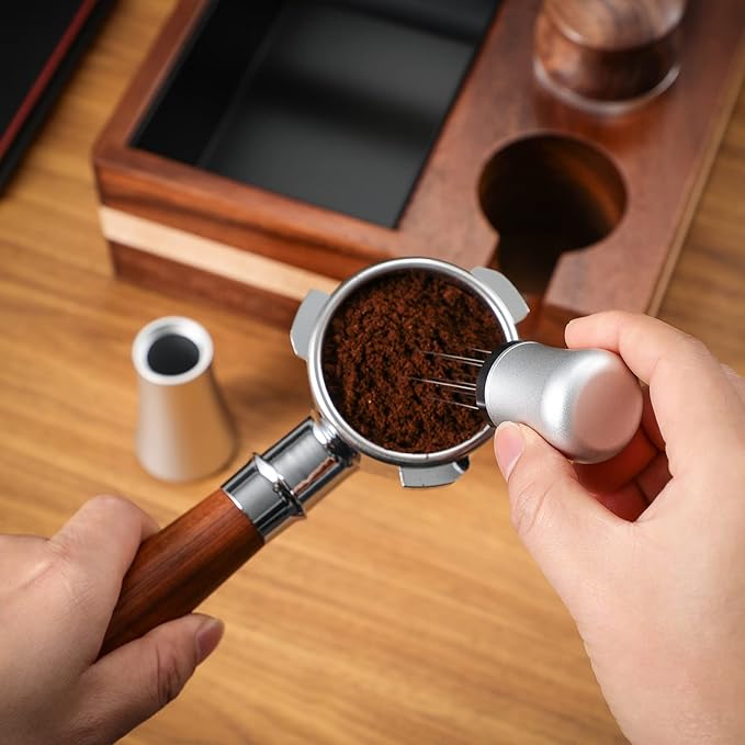 Espresso Distribution Tool - 10 Needle Espresso Coffee Stirrer I 0.35mm Professional Barista Pavant Coffee Stirring Distribution Tool,Aluminum Alloy Handle with Stand (Matte Silver)