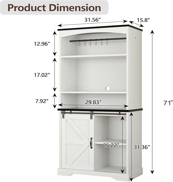 4ever2buy Farmhouse Tall Coffee Bar with Tall Hutch, Buffet Cabinet with Storage, 70 Inch Coffee Bar Cabinet with Sliding Barn Door and Adjustable Shelves for Living Dining Room, White