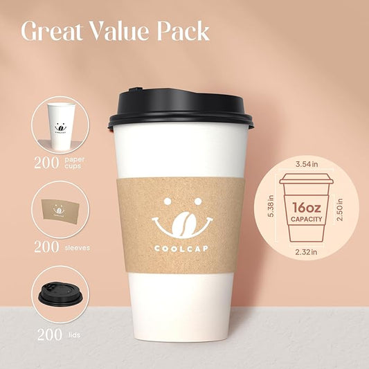 Coolcap Coffee Cups with Lids and Sleeves, 16 Ounce 200 pack To Go Coffee Cups with Lids, Paper Hot Cups for Hot & Cold Beverage (White, 16 Ounce)