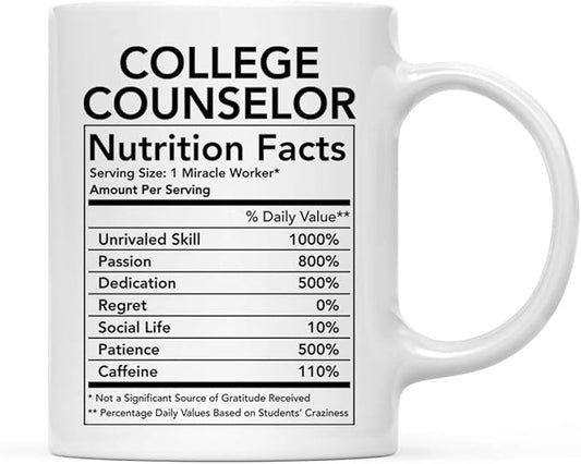 Andaz Press Funny 11oz. Ceramic Coffee Tea Mug Thank You Gift, College Counselor Nutritional Facts, 1-Pack, Novelty Gag Birthday Christmas Gift Ideas Coworker