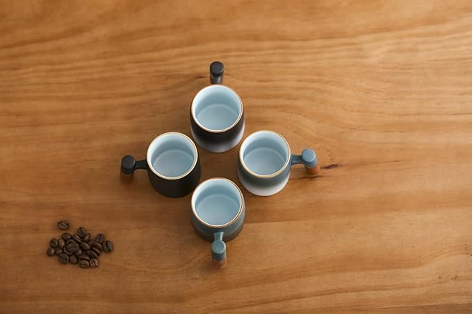 2-Oz Ceramic Espresso Cups with Wood Handle, 2/4-Piece Set for Coffee, Tea, Latte - Dishwasher Safe, Multi-Color & Wood Styles, Gift & Café Use (blue white2&blue black2, Wooden Handle4)