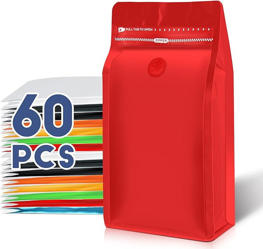 Coffee Bags with Valve(60pcs,4 oz,0.25 lb) Vented Coffee Beans Packaging Bags High Barrier Aluminumed Foil Flat Bottom Heat Sealed Side Zipper Resealable Storage Bag for Home or Business（Red）