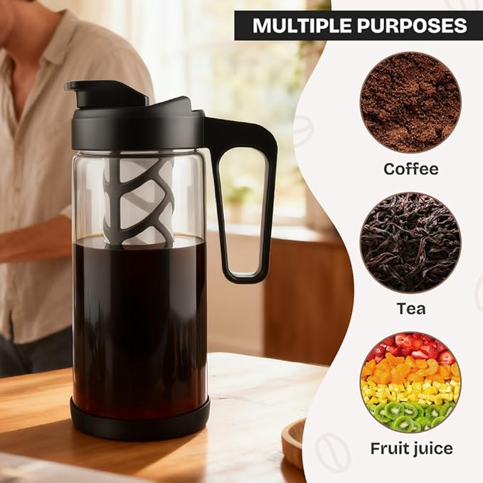 wedrink 44oz Cold Brew Coffee Maker, 1.3L Borosilicate Glass Pitcher with Leak Proof Tritan Lid, Iced Tea Brewer
