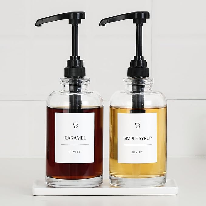 BEYTIFY Glass Coffee Syrup Dispenser Set | Glass Syrup Bottles with Pump Tops & 12 Labels | Refillable Leak-Proof Dispensers for Coffee Bar, Vanilla Caramel Hazelnut Syrups | Clear Glass, 2 Pack (16.9oz/500ml)