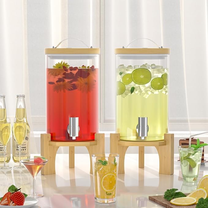 VOVUVK 1.2 Gallon Glass Drink Dispenser For Parties, beverage dispenser with Bamboo wood stand And Stainless Steel Spigot, Juice or lemonade dispenser Laundry Detergent Dispenser (2 PACK)