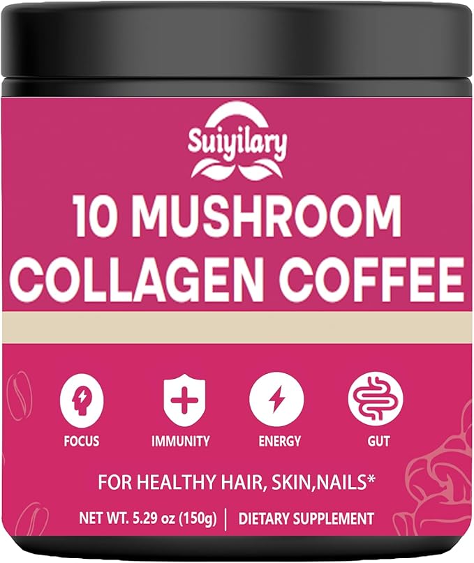 Mushroom Coffee with Collagen, 10 Mushroom Extract Powder Blend Lion's Mane, Brain Supplements with Instant Coffee for Energy, Focus, Skin and Immunity 150g 30 Serving