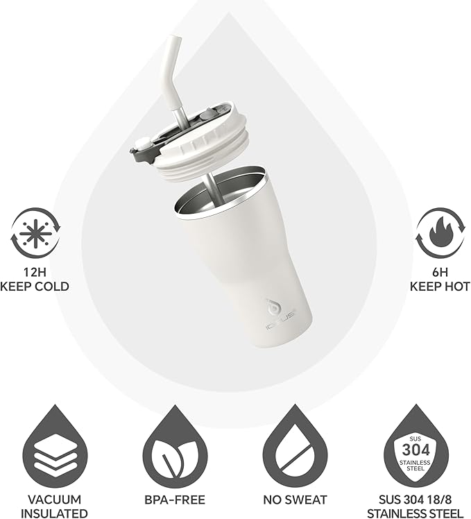Ideus Insulated Tumbler with Lid and Straw 14 oz, Stainless Steel Double-Wall Vacuum Leak-Proof Travel Coffee Mug, Cup Holder Friendly, White