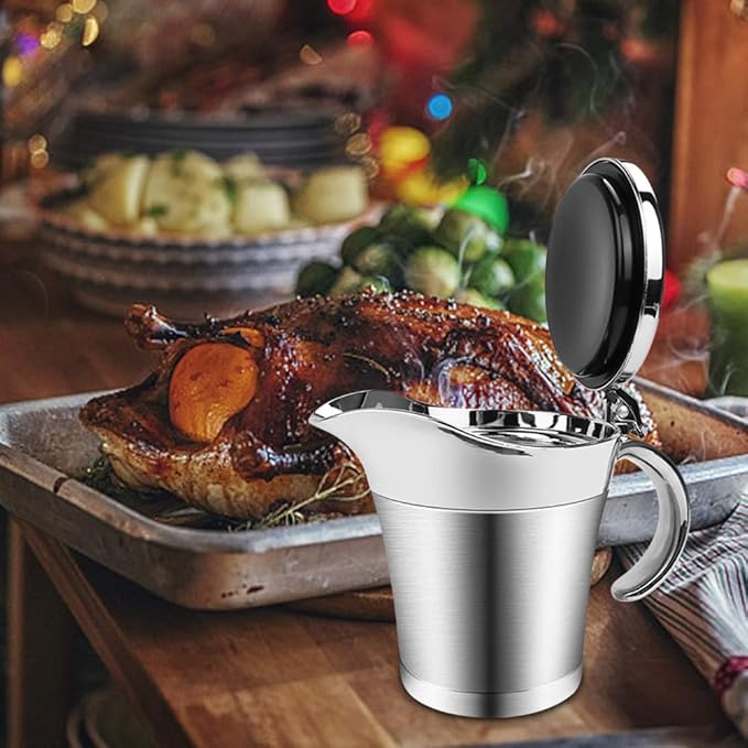 ShineMe Stainless Steel Gravy Boat Sauce Jug with Lid, 16oz Double Wall Insulated for Keeping Sauce Hot, Storage for Gravy or Cream, Apply for Home & Kitchen