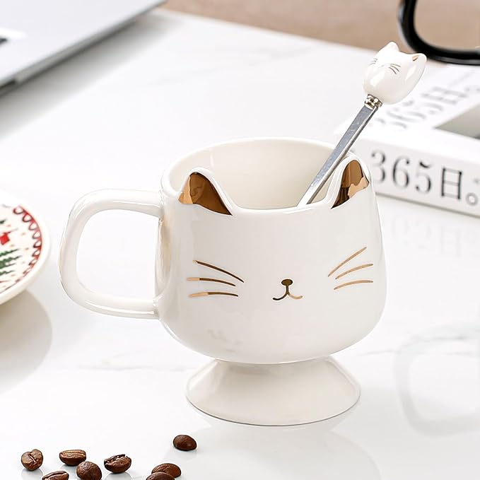 Yuwu Ceramic Coffee Mug, Cute Cat Tea Mug with Spoon, Funny Gifts for Women Girls for cat lovers (White)