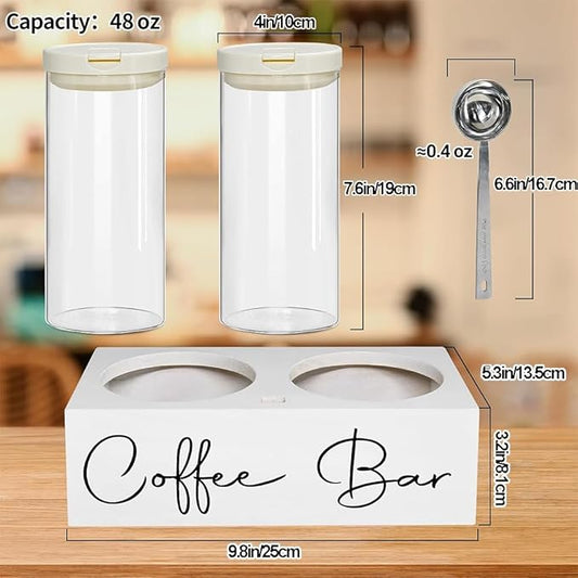 Glass Coffee Containers with Shelf & Scoop, 2 Pcs 48OZ Coffee Storage Jars with Airtight Lid for Coffee Beans, Coffee Powder, Nuts, Snack, Sugar, Tea,White