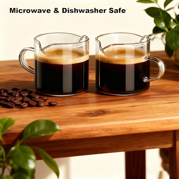 5 OZ Espresso Cups Set of 2, Double Spouts Cups, Shot Glasses, Milk Cup with Handle, Clear Glass, Espresso Accessories for Making Coffee Desserts Salad Dressing Machine (1 ounce more than others )