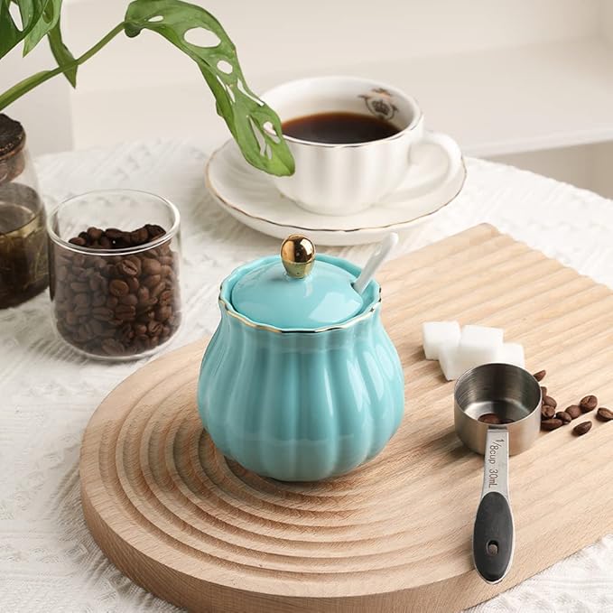 Sweejar Royal Ceramic Sugar Bowl, 12 Ounce Sugar Container with Spoon and Lid, Porcelain Salt Bowl Salt Container, Sugar Holder for Coffee Bar, Home and Kitchen(Turquoise)