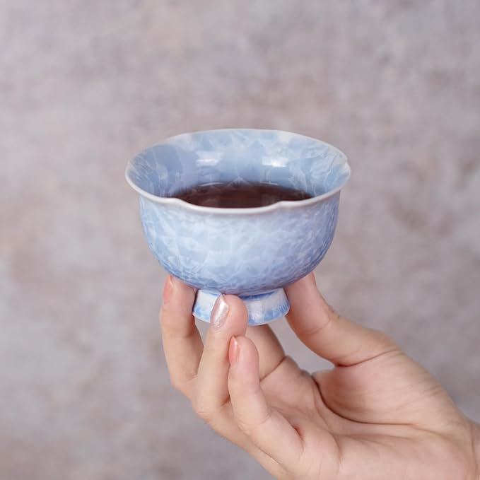 KAMMAK Ceramic Tea & Coffee Cups Set of 2 - Vintage Crystalline Glaze Espresso Mugs, 3.2oz Hand Painted for Afternoon Tea or Coffee, Birthday Gift for Women Men, Flower-Mouth Cup