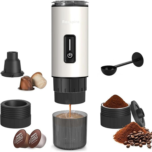 Portable Espresso Maker with Stainless Steel Body | 7500mAh Rechargeable Battery | 20 Bar Self-Heating with USB-C | Works with Most Capsules Compatible for Camping, Travel, Outdoor (White)