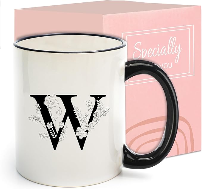 Monogram Ceramic Coffee Mugs, 11 oz Initial Drinking Cup with Gift Box, Unique Birthday Valentines Day Gifts for Women Wife Mothers Day Grandma Mom Aunt, W