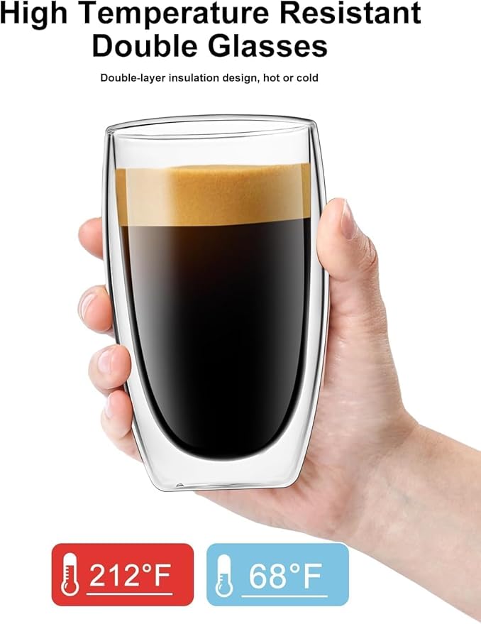 17oz Double Wall Glass Coffee Mugs Set of 4, Insulated Coffee Mug, Clear Borosilicate Glass Coffee Cups for Cappuccino, Tea, Lightweight and Microwave Safe