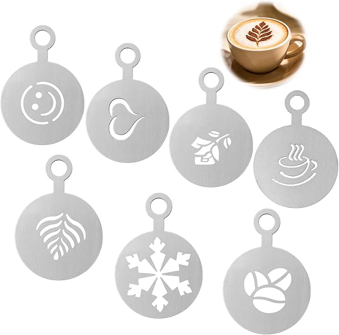 7PCS Coffee Stencils Latte Art, Stainless Steel Reusable Metal Coffee Stencils with Various Patterns for Cappuccino Cake Cookie Decorating Home and Cafe Use (Silver)