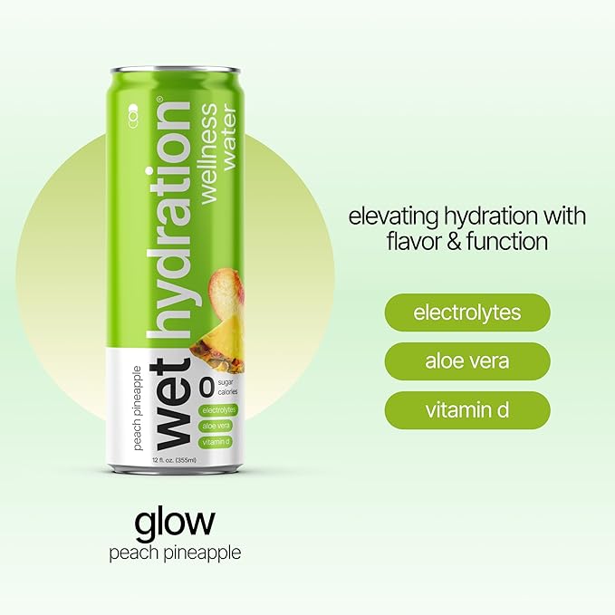 Wet Hydration | Functional Wellness Water, Non-Carbonated - Peach Pineapple (12 Ounce Cans, Pack of 12) - Flavored Water, Hydration Drink, No Sugar, No Artificial Ingredients, Zero Calories (Packaging May Vary)