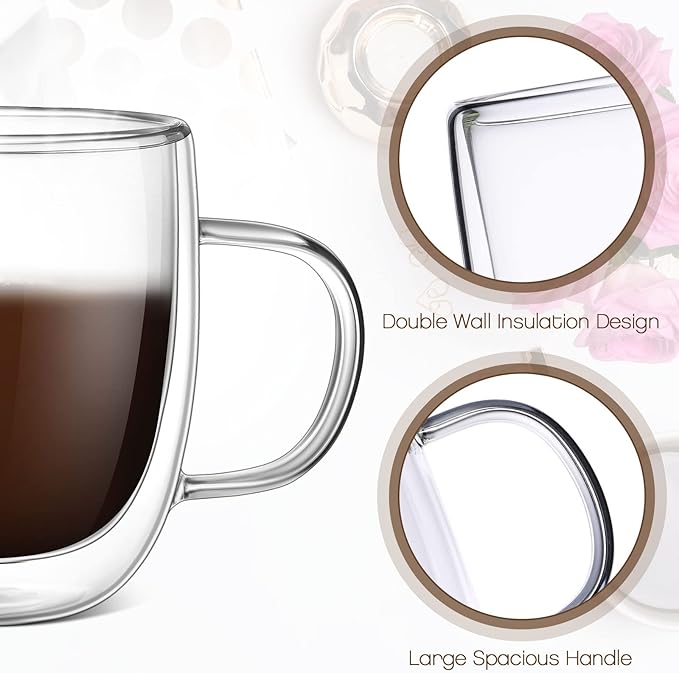 Gerrii Double Walled Glass Coffee Mugs with Handle 10 oz Insulated Borosilicate Glass Cappuccino Mugs Clear Espresso Cups for Home Office Coffee Tea Espresso Latte Milk and Hot Cold Beverages(12 Pack)