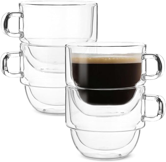 BTaT- Double Walled Stackable Glass Coffee Mugs, 8 oz, Set of 4, Glass Coffee Cups with Handle, Insulated Clear Coffee Mug for Hot and Cold Beverages, Cappuccino, Latte, Tea, Americano