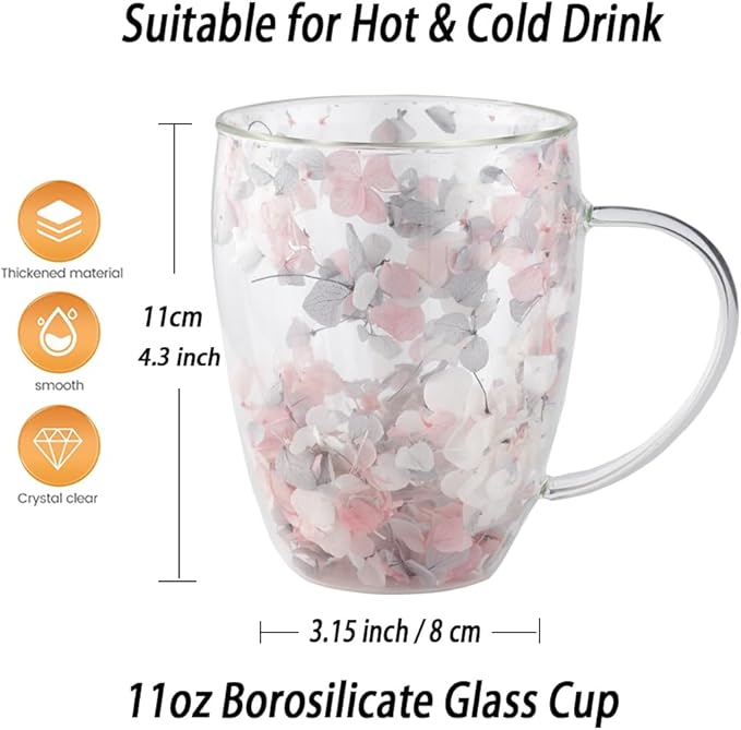 Double Glass Flower Tea Cup, Aesthetic Preserved Flower Cup, Cute Insulated Tea Cup with Handle, Heat Resistant & Lead-free Coffee Mugs, Gifts for Birthday Mother's Day, Perfect for Women Wife Mom (P)