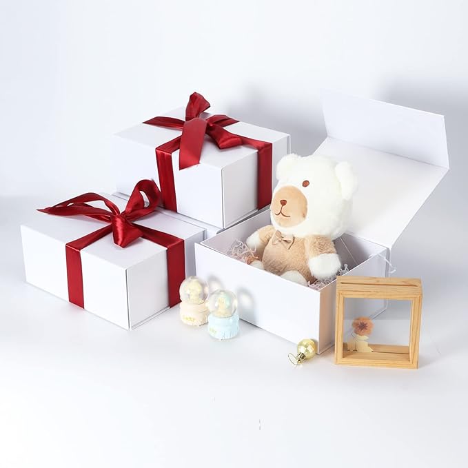 4 Pack 9.5x7x4 Inches Gift Boxes with Magnetic Closure Lids, White Magnetic Box for Wedding, Groomsmen Bridesmaid Proposal, Birthdays, Mother's Day